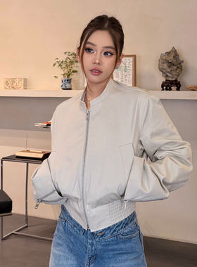 MBS.欧洲站新款FANLEONA深圳南油圆领拉链短款机车夹克减龄外套女