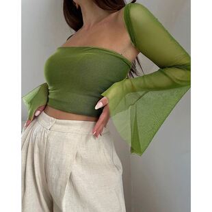 instunning欧美辣妹一片式抹胸上衣女网纱喇叭袖短款开衫两件套装