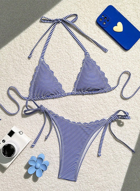 系带挂脖条纹比基尼蓝色丁字裤分体泳衣欧美ins风辣妹泳装bikini