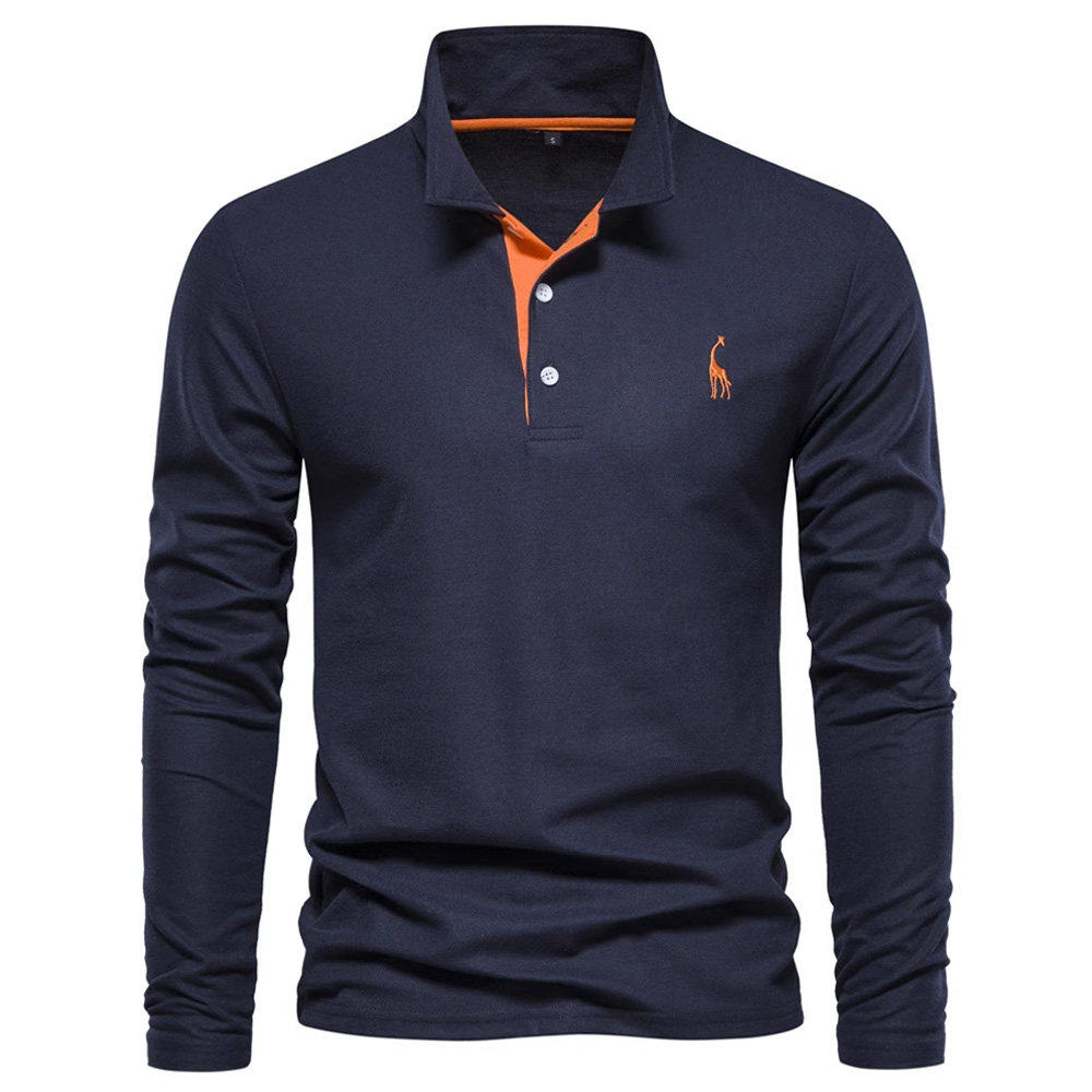 男式小鹿刺绣翻领POLO衫长袖T恤Mens Deer Embroidery Polo Shirt