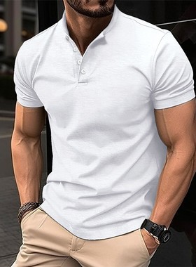 欧美ins男士休闲POLO衫夏季新款亚马逊男装纽扣亨利马球短袖