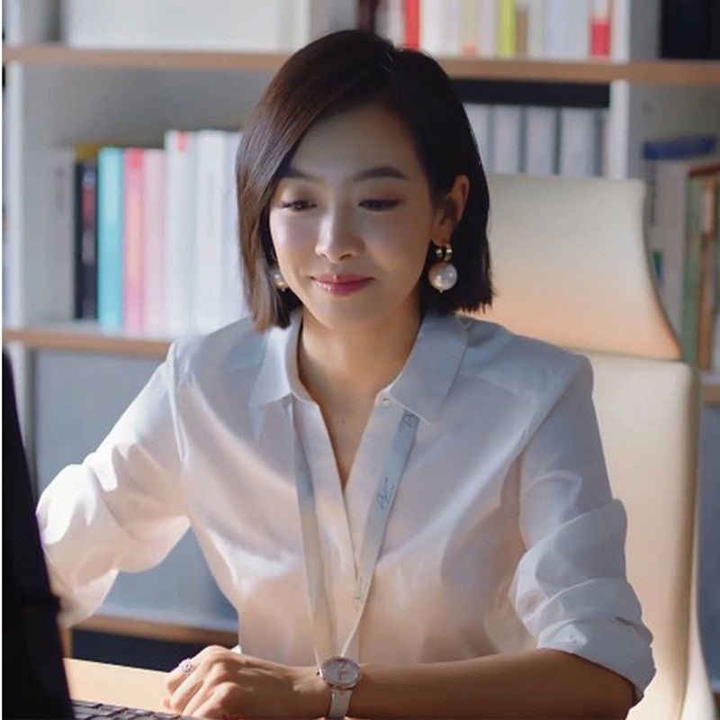 春秋款V领白衬衫女宽松长袖抗皱职业装气质衬衣打底蓝长袖工作服