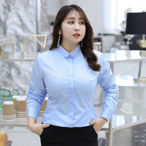 正装大码蓝色衬衫女胖mm长袖200斤春夏宽松胖妹妹职业衬衣工作服