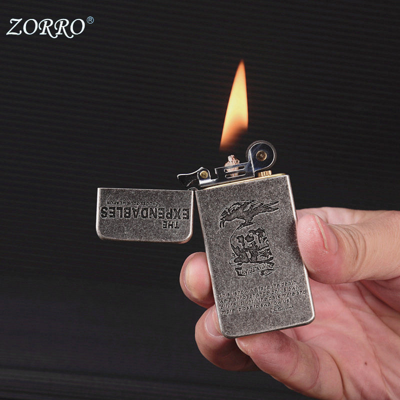 日本新款超薄ZORRO佐罗纯铜煤油打火机古银复古深雕唐草貔貅祥云