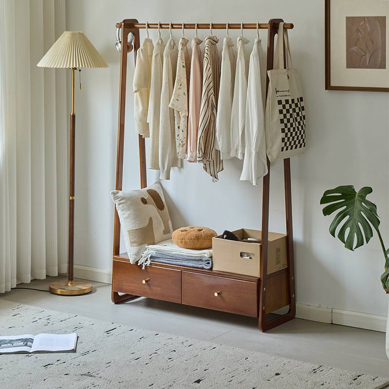 实木落地挂衣架卧室抽屉衣帽架房间床边床尾晚上放衣服家用置物架