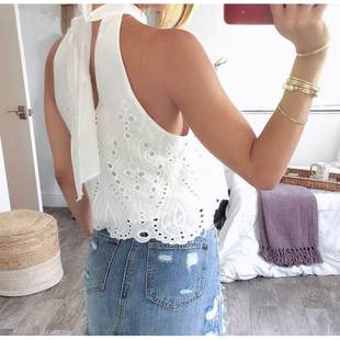 ins娇小个子甜美度假小衫无袖衬衫花边镂空绑带挂脖子遮肚上衣夏