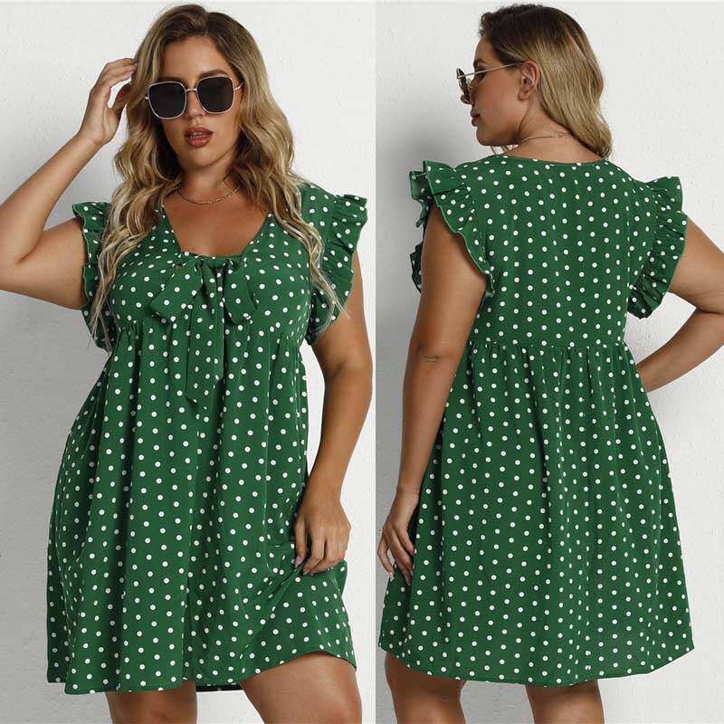 宽松大码圆点绿色短袖胖MM连衣裙 fat lady dot printed dresses
