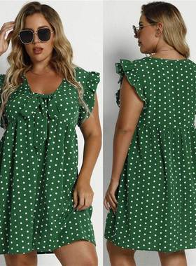 宽松大码圆点绿色短袖胖MM连衣裙 fat lady dot printed dresses