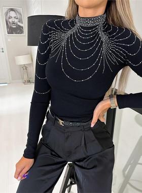 黑色烫钻t恤修身上衣 Rhinestone Decor Mock Neck Slim Top