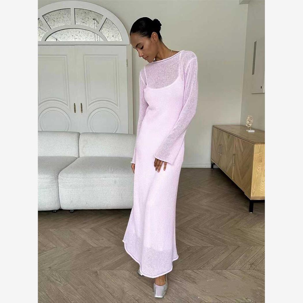 欧美风针织镂空长裙+吊带