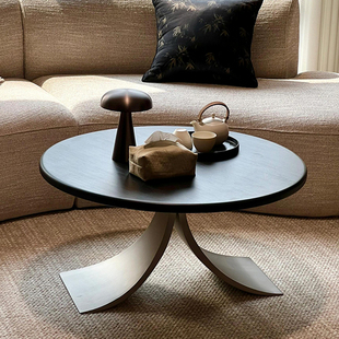 中覆古包豪斯黑色实木圆形奥斯卡茶几小户型侘寂客厅极简茶台桌子