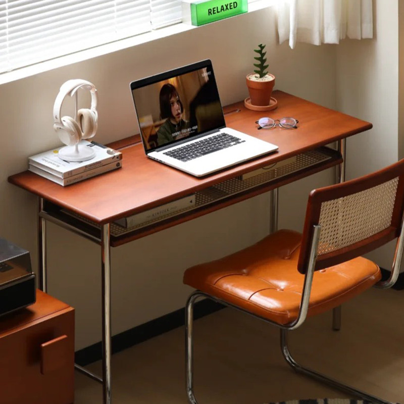 中覆古实木书桌电脑极窄写字办公学习台小户型不锈钢双层家用卧室