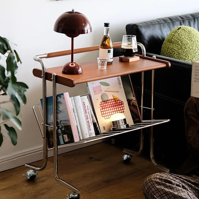 中古实木小推车沙发侧边茶几桌子可移动床头柜置物收纳书架不锈钢