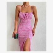 Floral Print Tied Ditsy Slit Dress欧美印花系带收腰侧开连衣裙