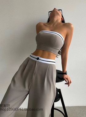 欧美撞色抹胸背心阔腿裤套装 Chest wrap and wide leg pants set