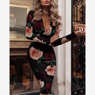 Ruched Floral Skinny Plunge Dress深V褶皱包臀连衣裙 Print