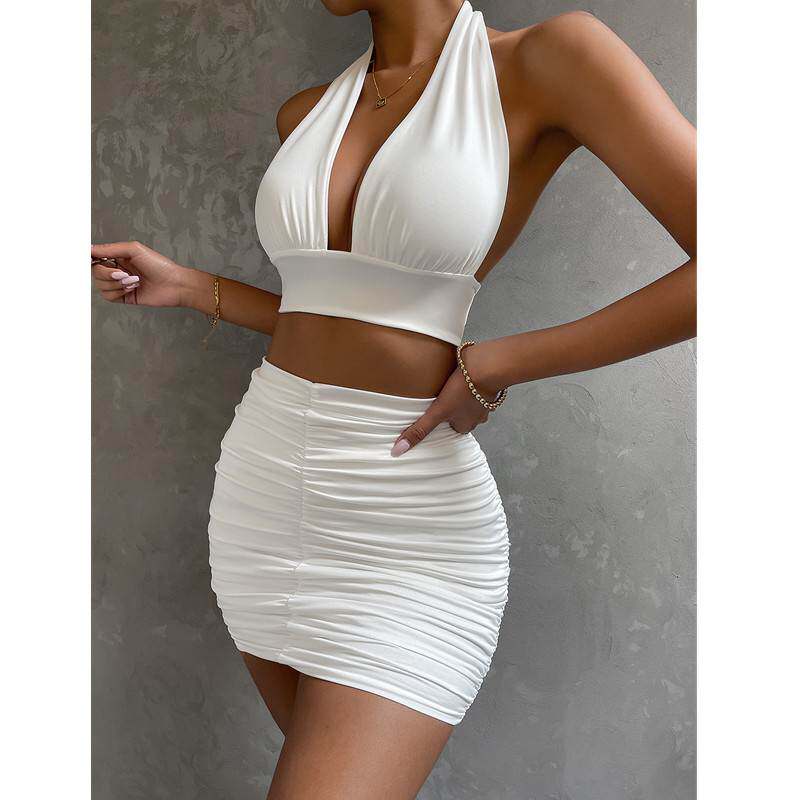 Ahagaga 欧美风辣妹深v挂脖系带露脐小背心气质褶皱包臀短裙套装
