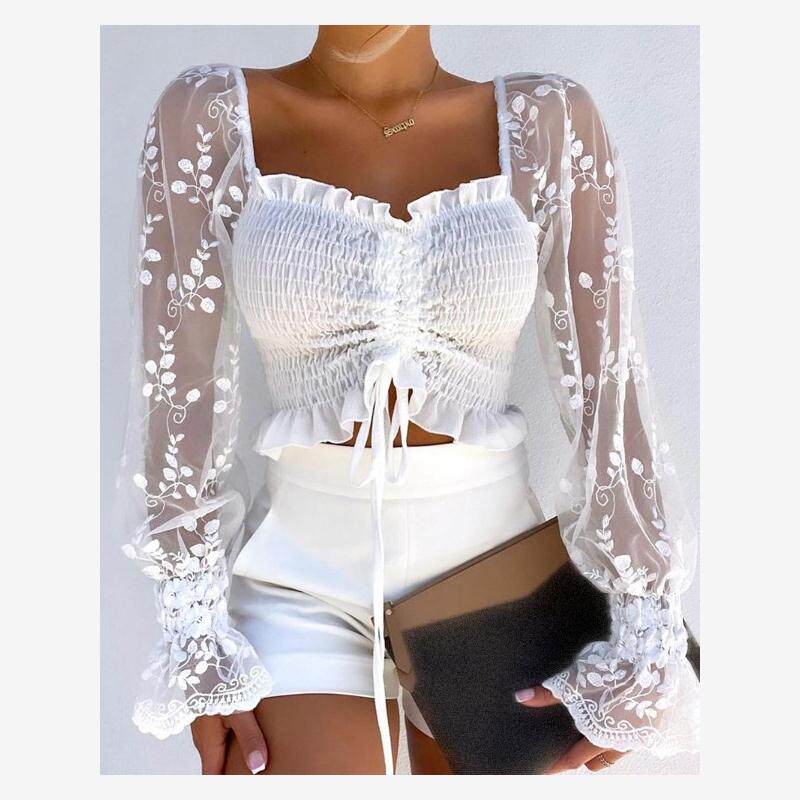 Shirring Detail Frill Hem Mesh Top拼接蕾丝方领抽绳上衣女