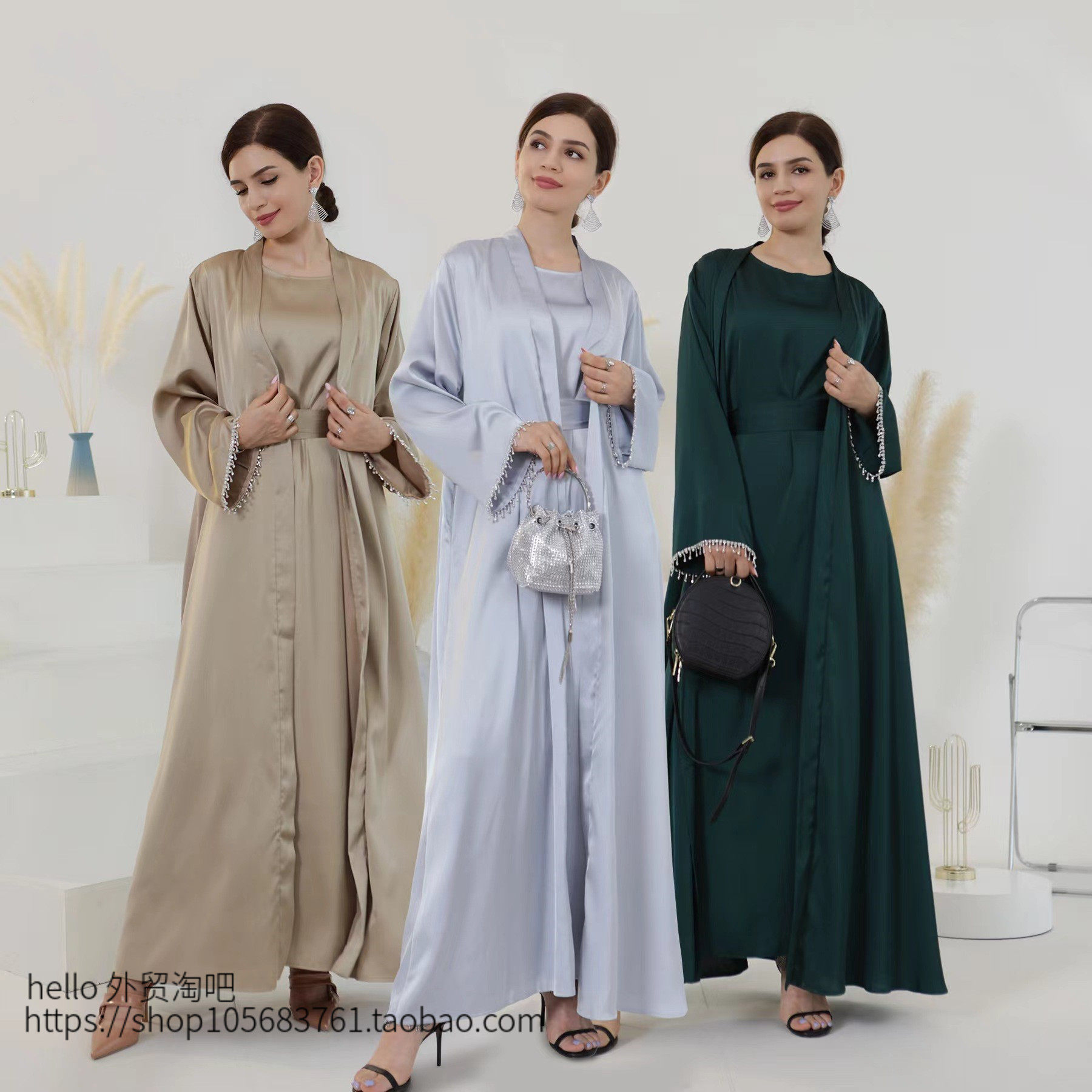 新款纯色开衫钉珠系带连衣裙 Solid color cardigan beaded dress