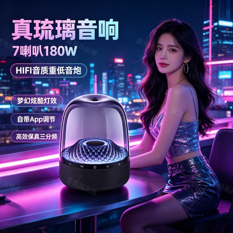 雷克玛琉璃蓝牙音箱户外HIFI音响180W大功率琉璃五代音响炫酷灯效