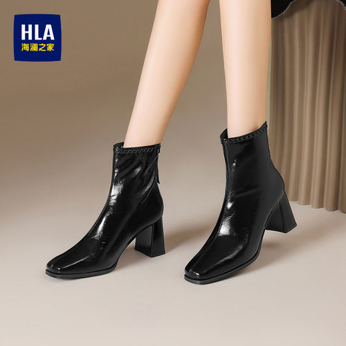 HLA/海澜之家短靴女2025新款冬加绒法式切尔西女靴高跟方头瘦瘦靴