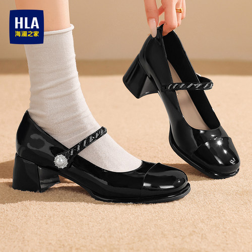 HLA/海澜之家2026新款玛丽珍鞋女黑色漆皮水钻一字带粗跟法式单鞋