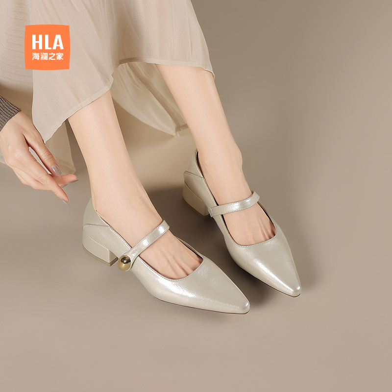 HLA/海澜之家鞋子女2025新款爆款夏尖头浅口单鞋女粗跟玛丽珍女鞋