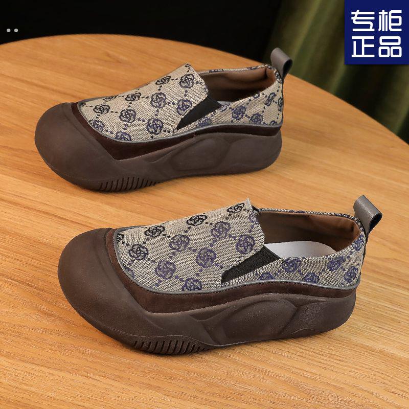 真皮红婧蜒复古妈妈鞋女夏2024新款一脚蹬懒人单鞋厚底休闲运动鞋