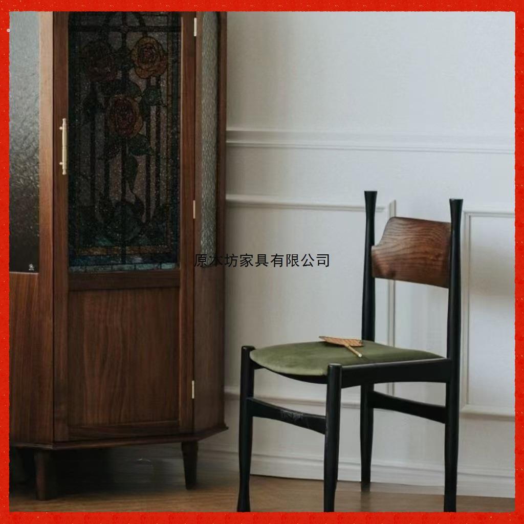 法式中复古风餐椅绿色椅子实木高级感梳化妆靠背冲冠椅客厅餐桌椅
