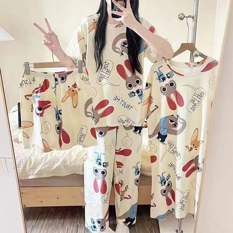 新款睡衣女夏天四件套卡通睡裙夏季薄款可爱七分裤短袖套装家居服