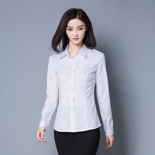 俏经理2023春季新品白衬衫女士长袖韩版修身职业装打底衫浅蓝大x
