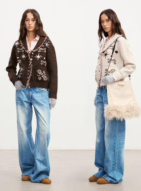 Howwell 25AW 游牧提花羊毛开衫民族风提花宽松针织开衫