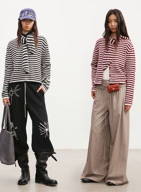 Howwell 25AW 绑带故事条纹羊毛毛衣 撞色绑带修身针织上衣