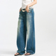 洗白抽绳设计阔腿裤 Howwell 水波纹牛仔裤 中腰