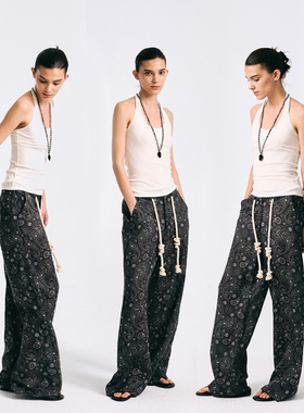 Howwell 25SS宅女同款腰果花抽绳裤女亚麻宽松休闲长裤春