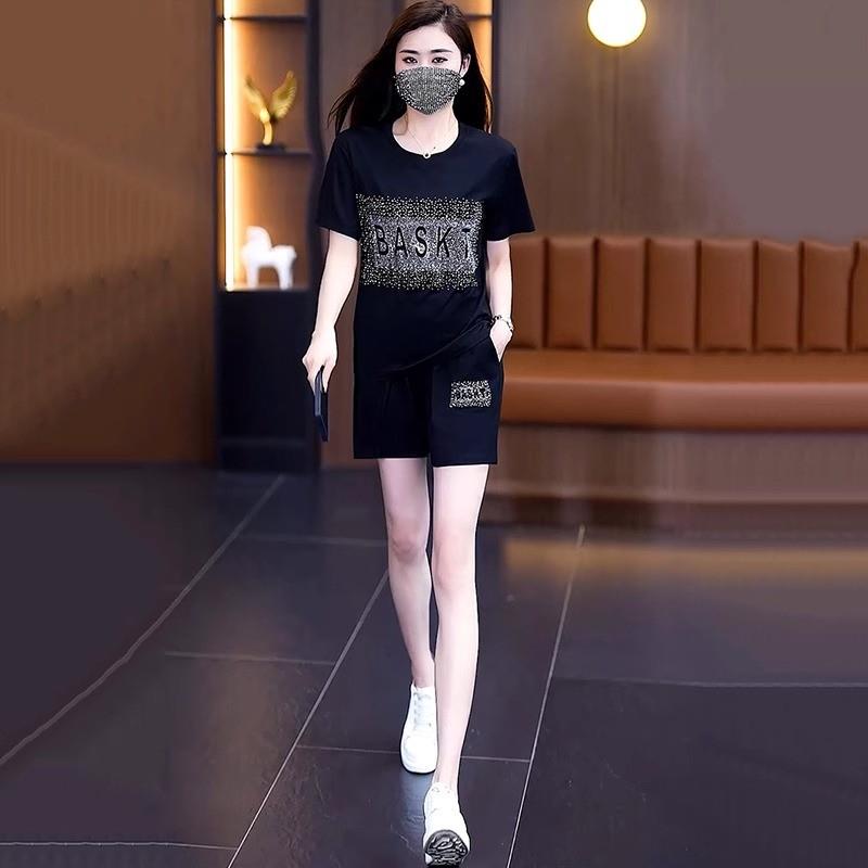 时尚休闲运动套装女2025夏季新款显瘦气质烫钻大码短袖短裤两件套