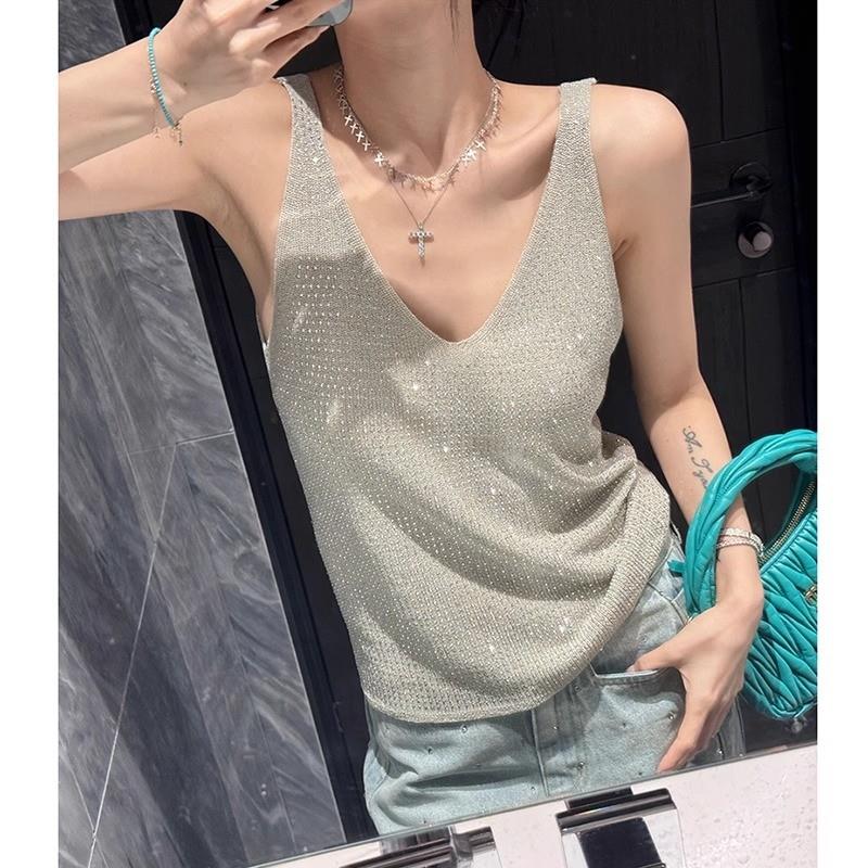 烫钻亮片冰丝针织吊带背心女夏辣妹高级设计感宽松外穿无袖上衣