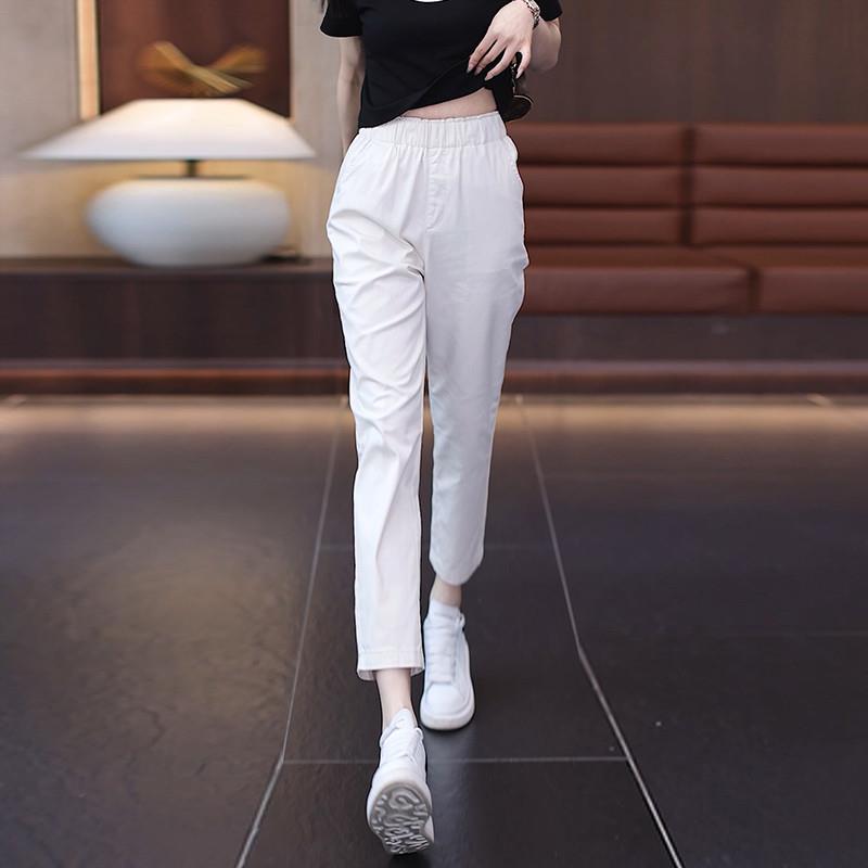韩国白色休闲裤女2025夏新款松紧腰夏天薄款小个子九分烟管哈伦裤