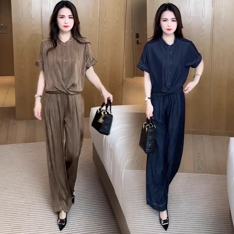 香港冰丝时尚套装女2025夏洋气遮肉显瘦短袖高腰阔腿裤两件套