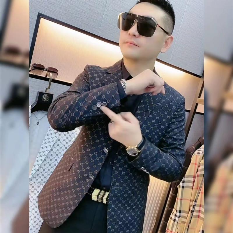 春秋新品欧货黑色单西上衣男修身印花休闲西装商务薄款外套男潮