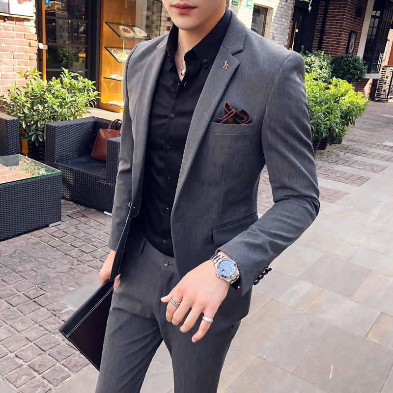 秋冬休闲西装男套装韩版青年潮流婚礼新郎礼服修身纯色西服两件套