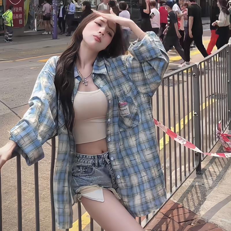 潮牌奶蓝色格子防晒衬衫外套女2025夏季新款复古宽松长袖薄款衬衫