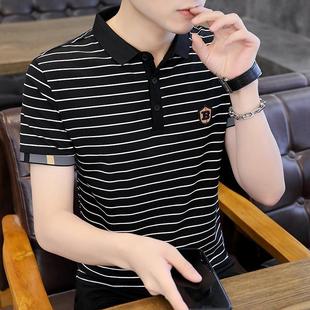 翻領(lǐng)休閑夏季 純棉修身 男短袖 T恤 時(shí)尚 冰絲高端男士 薄款 條紋POLO衫