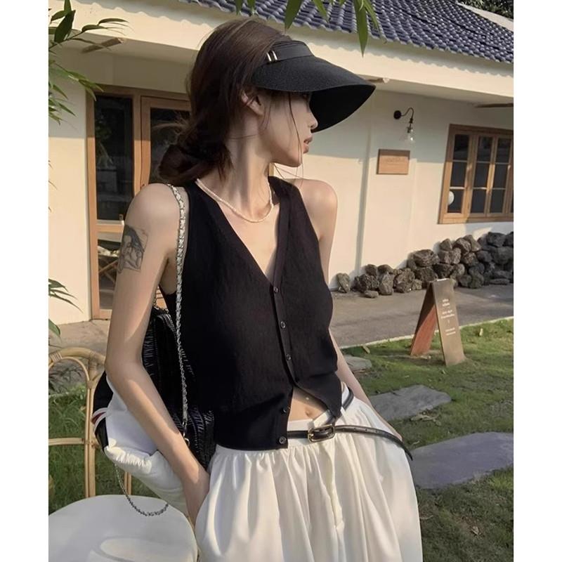 日系黑色v领内搭针织吊带背心马甲女春秋纯欲风无袖短款开衫上衣