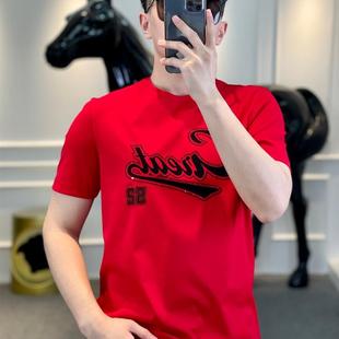 圓領T恤男士 2025夏季 新品 歐洲站短袖 男 潮牌字母燙鉆冰絲紅色半袖
