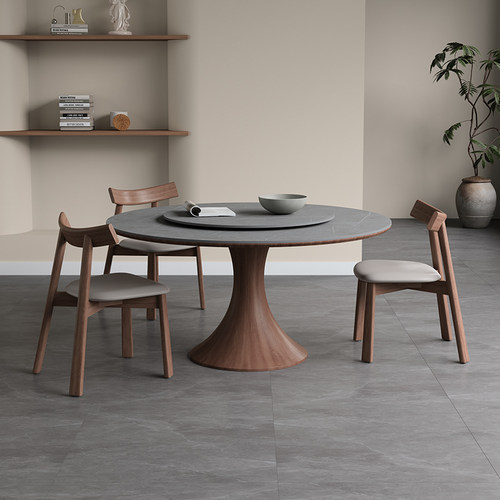 圆形哑光橡木岩板餐桌带转盘实木
