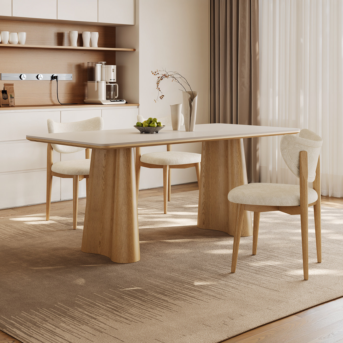 奶油原木风岩板实木餐桌椅2026新款家用小户型美式餐厅长方形饭桌