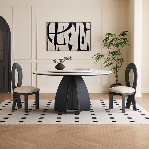 复古餐桌纯白岩板奥古斯特实木圆