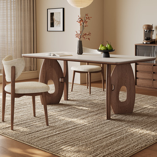 复古风白蜡木岩板餐桌胡桃色小户型法式奶油风长方形纯白岩板餐桌