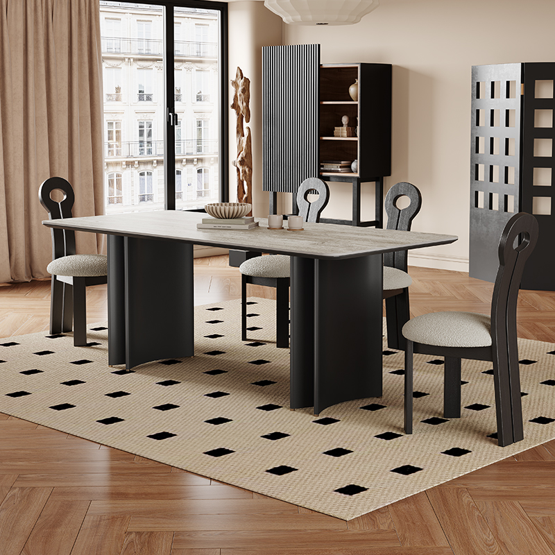 黑色实木餐桌长方形岩板餐桌